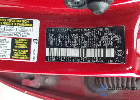 2011 Toyota Corolla S from USA, damaged, VIN 2T1BU4EE2BC711071